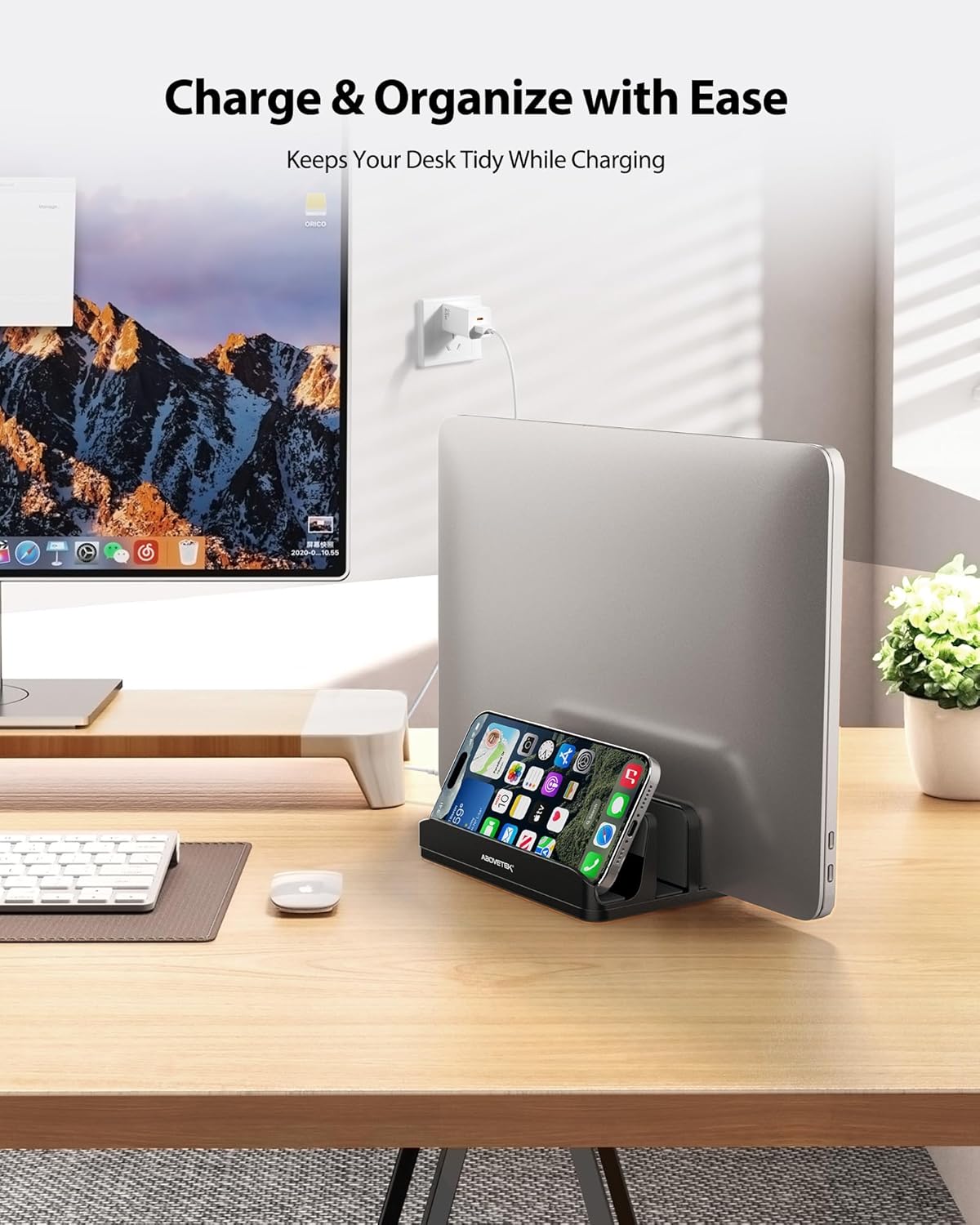 AboveTEK Vertical Laptop Stand, 3 Slots Aluminum Desk Laptop Holder & Laptop Docking Station Stand for MacBook, Tablet, Phone - Universal Fit (Up to 17.3") - Heavy Duty Polished, Anti Slide - Silver