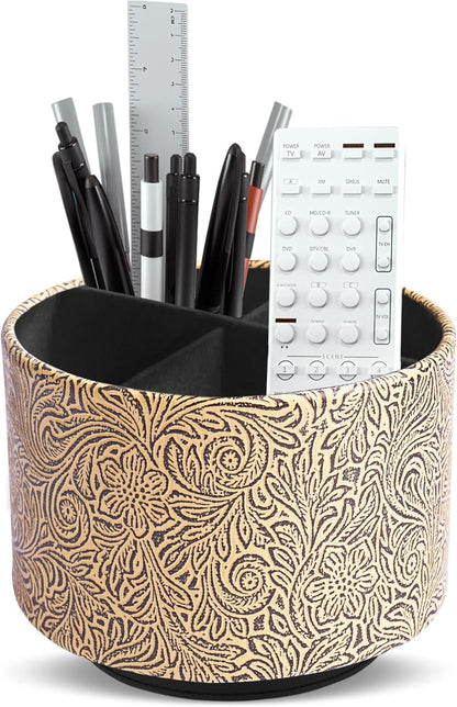 lizimandu Round Leather Art Supply Organizer,Remote Control Holder,360 Degree Spinning,Multi-Functional Pencil Holder,4 Compartments Desktop Stationary Organizer(1-Gold) - Colors B