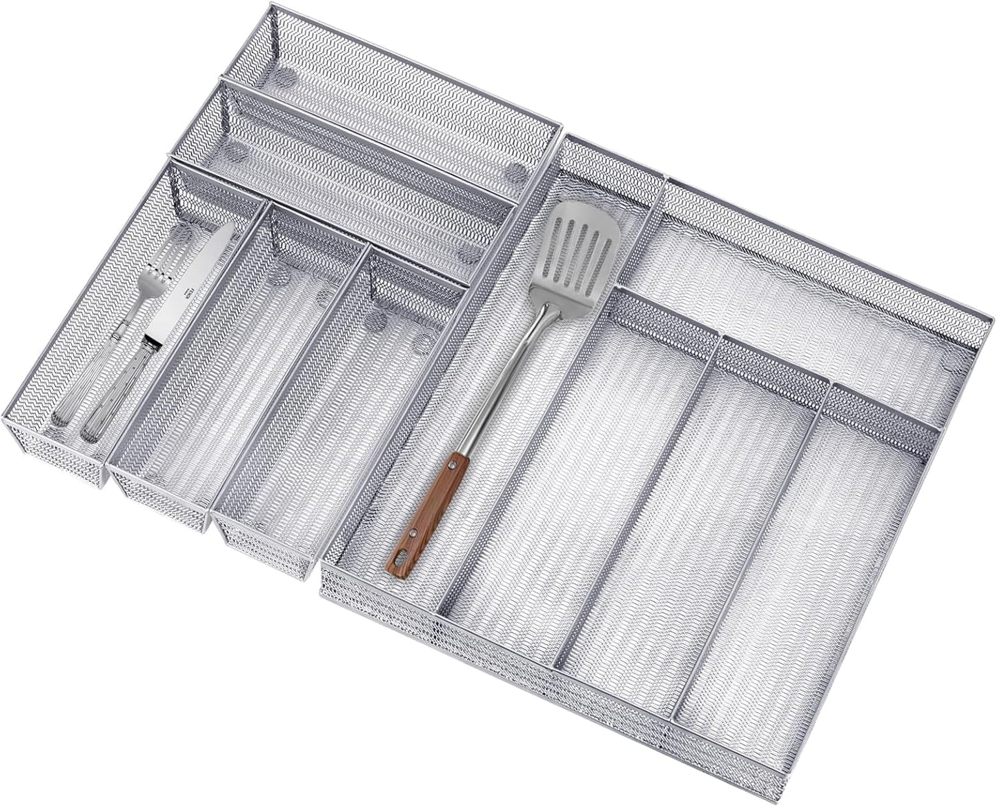 Neudeco Drawer Organizer Set 6 Pack - 5-Compartment Silverware Organizer Tray + 5 Utensil Trays, Kitchen Drawer Organizer for Flatware, Cutlery, Office Supplies, Black Mesh, Non-Slip.