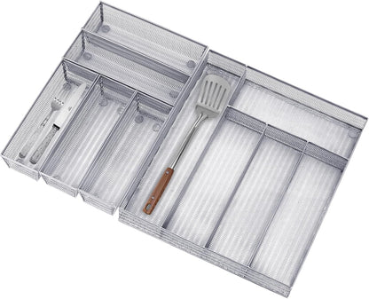 Neudeco Drawer Organizer Set 6 Pack - 5-Compartment Silverware Organizer Tray + 5 Utensil Trays, Kitchen Drawer Organizer for Flatware, Cutlery, Office Supplies, Black Mesh, Non-Slip.