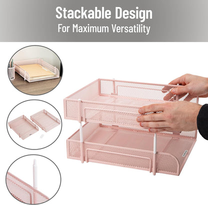 Mind Reader Stackable Paper Tray, Desktop Organizer, File Storage, Office, Metal Mesh, 2 Pcs, Black