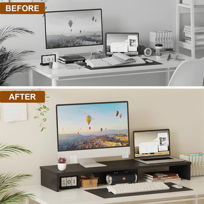 Qupui Computer Monitor Stand Riser with Drawer and Pen Holders, Desk Organizer Shelf and Accessories, Office Desk Accessories, Office Organization, Black