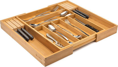 Purawood Kitchen Drawer Organizer - Expandable Utensil Drawer Organizer for Kitchen, Cutlery Tray & Silverware Organizer, 3-5 Slots - Bamboo Organizer for Utensils & Flatware (Natural)