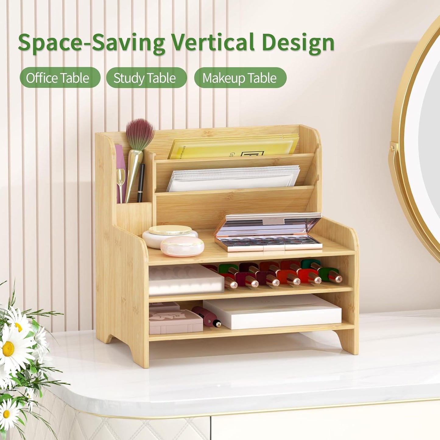 Desk File Organizer 4-Tier Desktop Paper Mail Organizer Document Holder for Home Office Supplies, Office Desk Accessories & Workspace (Nature)