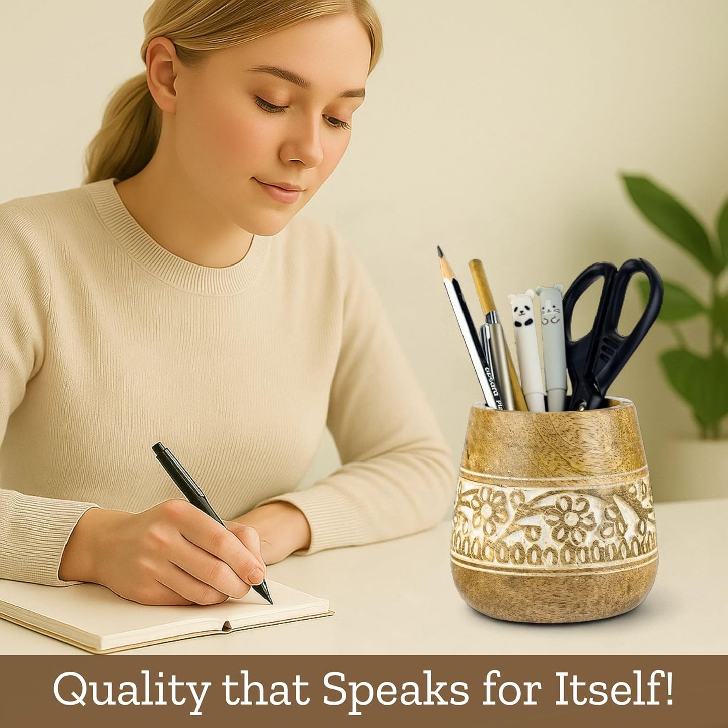 Mie Creations Designer Pencil Holder for Desk Wood | Wooden Pen Stand, Paintbrush Cup, Desk Accessories, Cute Make Up Brush Organizers | Office Desktop Stationery, Christmas Holidays Gift- 4'' Brown