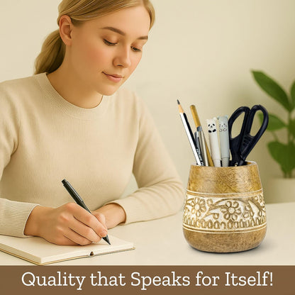 Mie Creations Designer Pencil Holder for Desk Wood | Wooden Pen Stand, Paintbrush Cup, Desk Accessories, Cute Make Up Brush Organizers | Office Desktop Stationery, Christmas Holidays Gift- 4'' Brown