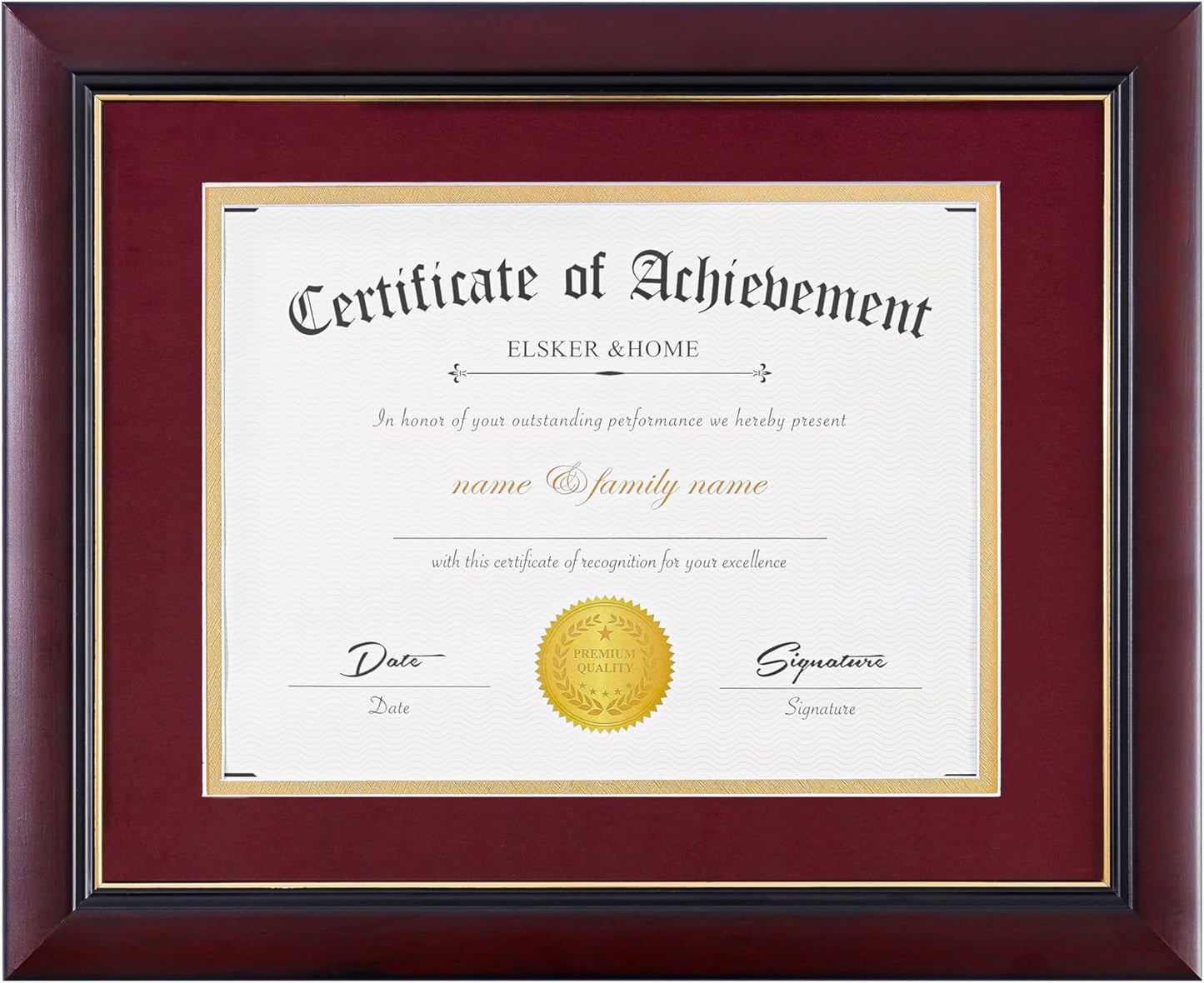 ELSKER&HOME Diploma Frame - Wide Solid Wood Frame - Black Velvet Golden Rim Mat - Semi-Tempered Glass - Includes Hanging Hardware and Desktop Easel(ONLY Display 11×14 Document/Certificate)