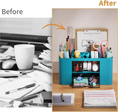 Marbrasse Pen Organizer with 2 Drawer, Multi-Functional Pencil Holder for Desk, Desk Organizers and Accessories with 5 Compartments + Drawer for Office Art Supplies (White)