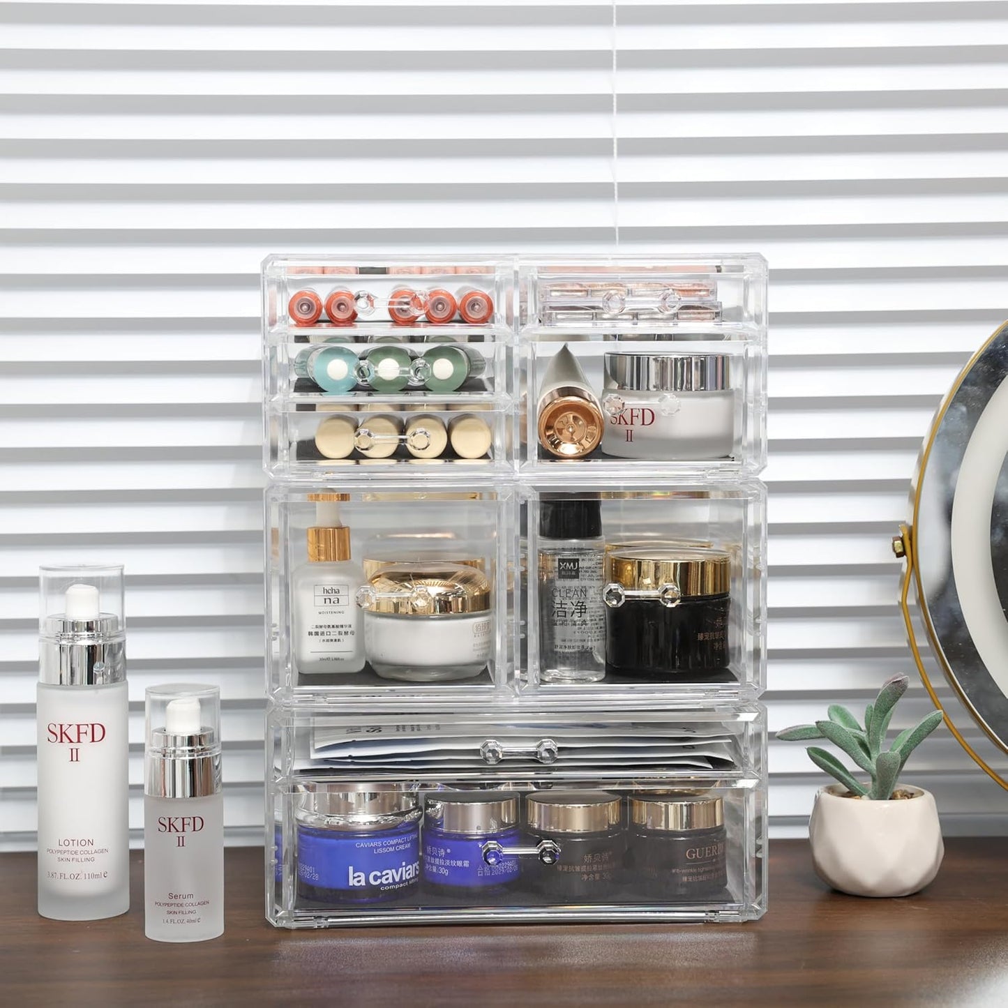 Cq acrylic 2 Pack Clear Desk Organizer With Drawers,Stackable 6 Drawers Skincare Organizer,Cute Skin Care Organizers for Vanity Hair Clip,Jewelry,Beauty Product Desk and Makeup Organizers Countertop