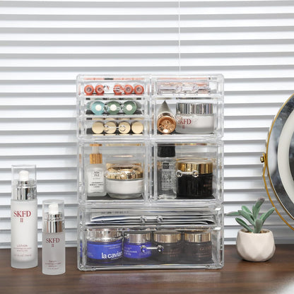 Cq acrylic 2 Pack Clear Desk Organizer With Drawers,Stackable 6 Drawers Skincare Organizer,Cute Skin Care Organizers for Vanity Hair Clip,Jewelry,Beauty Product Desk and Makeup Organizers Countertop