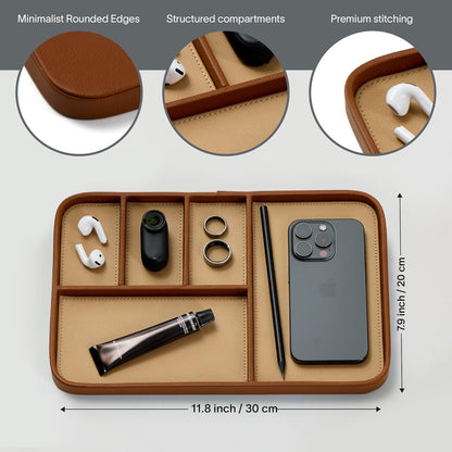 Nordik Leather Valet Tray - Sand Brown - 9.5 x 7.9 Inch Medium Vegan Leather Tray - Stylish Nightstand Organizer for Men - Modern Bedside Caddy - EDC Catchall for Key Watch Wallet Jewellery