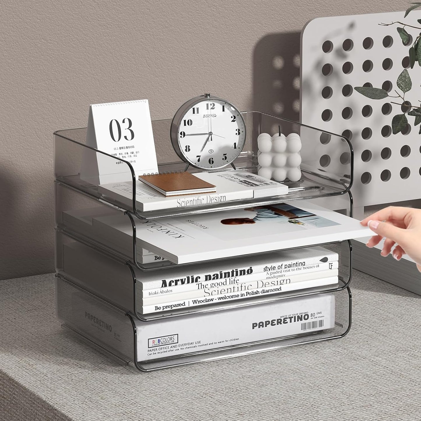 FANXIYQ 4-Tier Acrylic Paper Tray Organizer - Low-Profile Desk File Sorter for Office/Home, Clear Stackable Letter Tray for Bills, Crafts, Notebooks