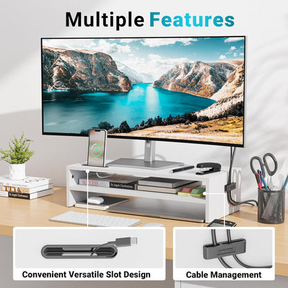 BONTEC Wooden Monitor Stand Riser, 2-Tier Desk Shelf with Storage Organizer, Ergonomic Computer Stand with Cable Management, Cellphone Holder, White, 16.5 Inch