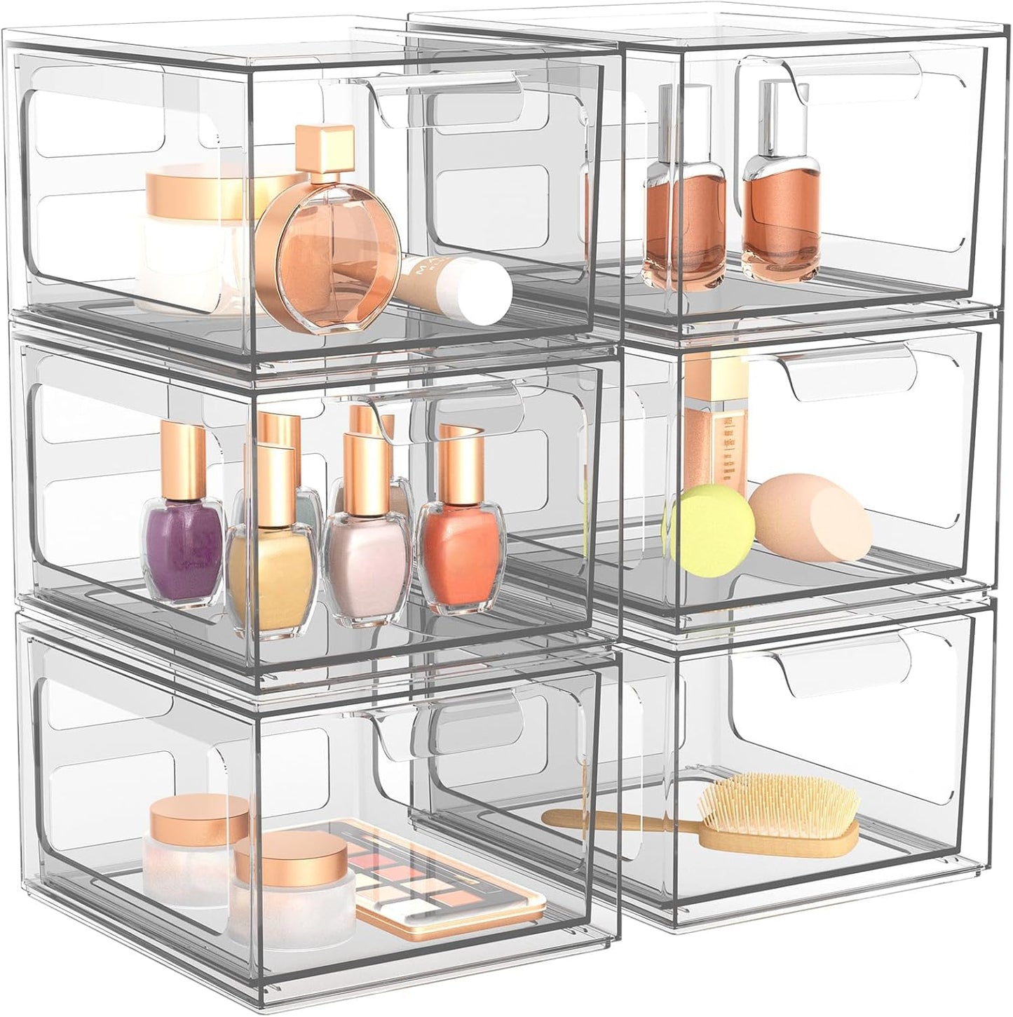 SpaceHacks 4 Pack Stackable Plastic Makeup Organizer Drawers, Acrylic Organizers, Clear Storage Bins with Pull-Out Handles for Vanity, Kitchen Cabinets, Pantry