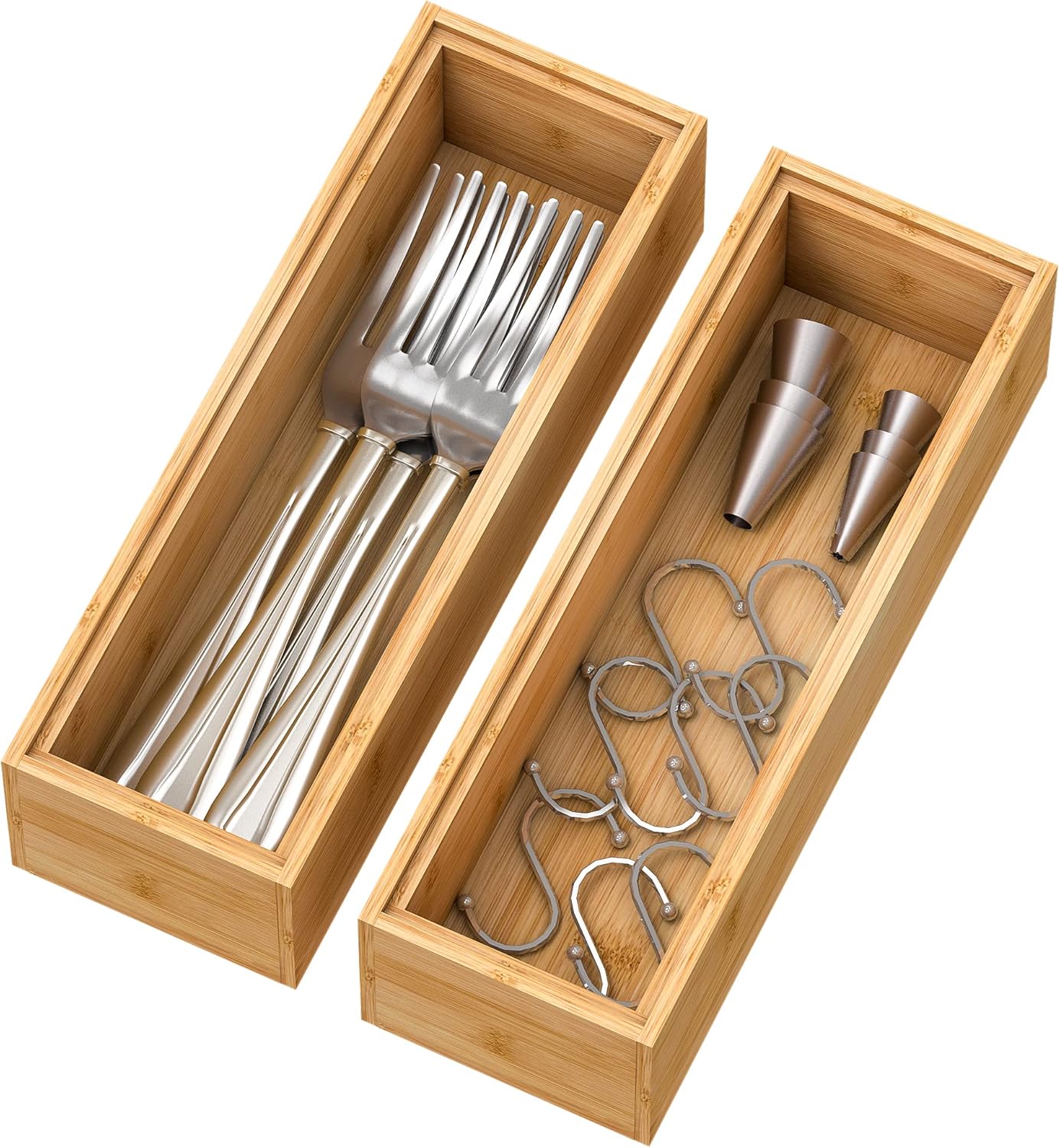 Bamboo Kitchen Drawer Organizer,Stackable Silverware Tray Utensil Organizer Cutlery Holder for Kitchen,Wooden Storage Box for Bathroom, Multi-Use Drawer Organizer for Office,Makeup(12x6x2.5 inch）