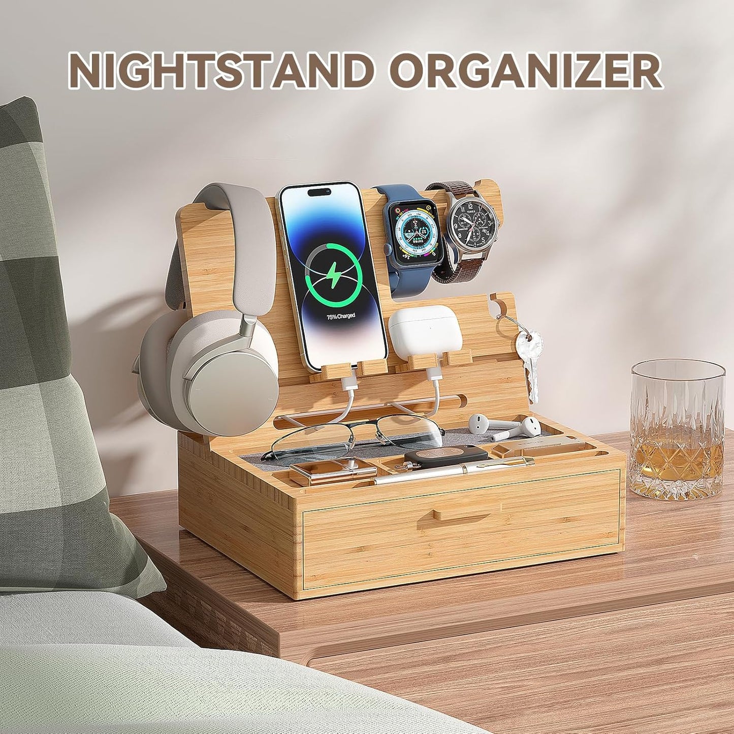 Pezin & Hulin Wooden Charging Station, Bedside Nightstand Tray, with Spacious Drawer, Felt Pads for Phones, Watch, Idea Gifts for Him Birthday, Son, Christmas for Papa Fathers Day (Nature)