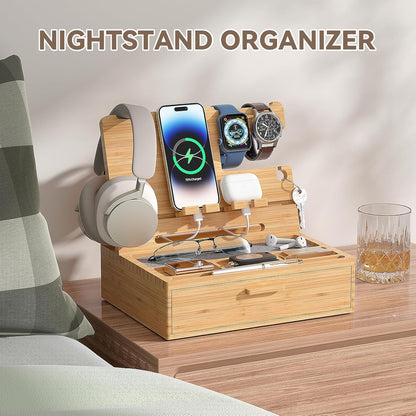 Pezin & Hulin Wooden Charging Station, Bedside Nightstand Tray, with Spacious Drawer, Felt Pads for Phones, Watch, Idea Gifts for Him Birthday, Son, Christmas for Papa Fathers Day (Nature)