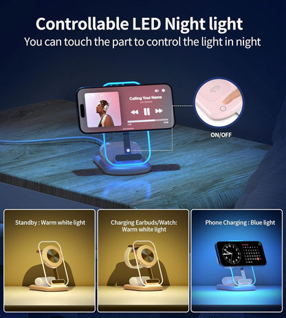 3 in 1 Magnetic Wireless Charging Station for Apple Devices, Fast Foldable Travel Mag-Safe Charger Stand with Night Light for iPhone 17 16 15 14 13 12 Series, Apple Watch/AirPods Pro, BU