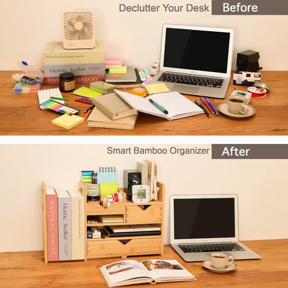 Pandorama Bamboo Desk Organizer Large - A4 Drawers & Adjustable File Holder, Fully Assembled Wood Desktop Storage for Kitchen, Bedroom, Bathroom, Study Room