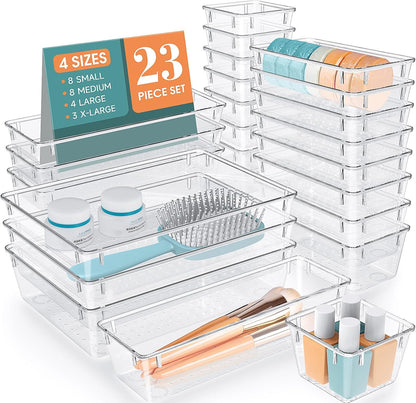 StorMiracle 28 PCS Clear Plastic Drawer Organizers Set, 4 Size Desk Drawer Organizer Trays for Makeup, Jewelry, Kitchen Utensils, Gadgets and Office Accessories