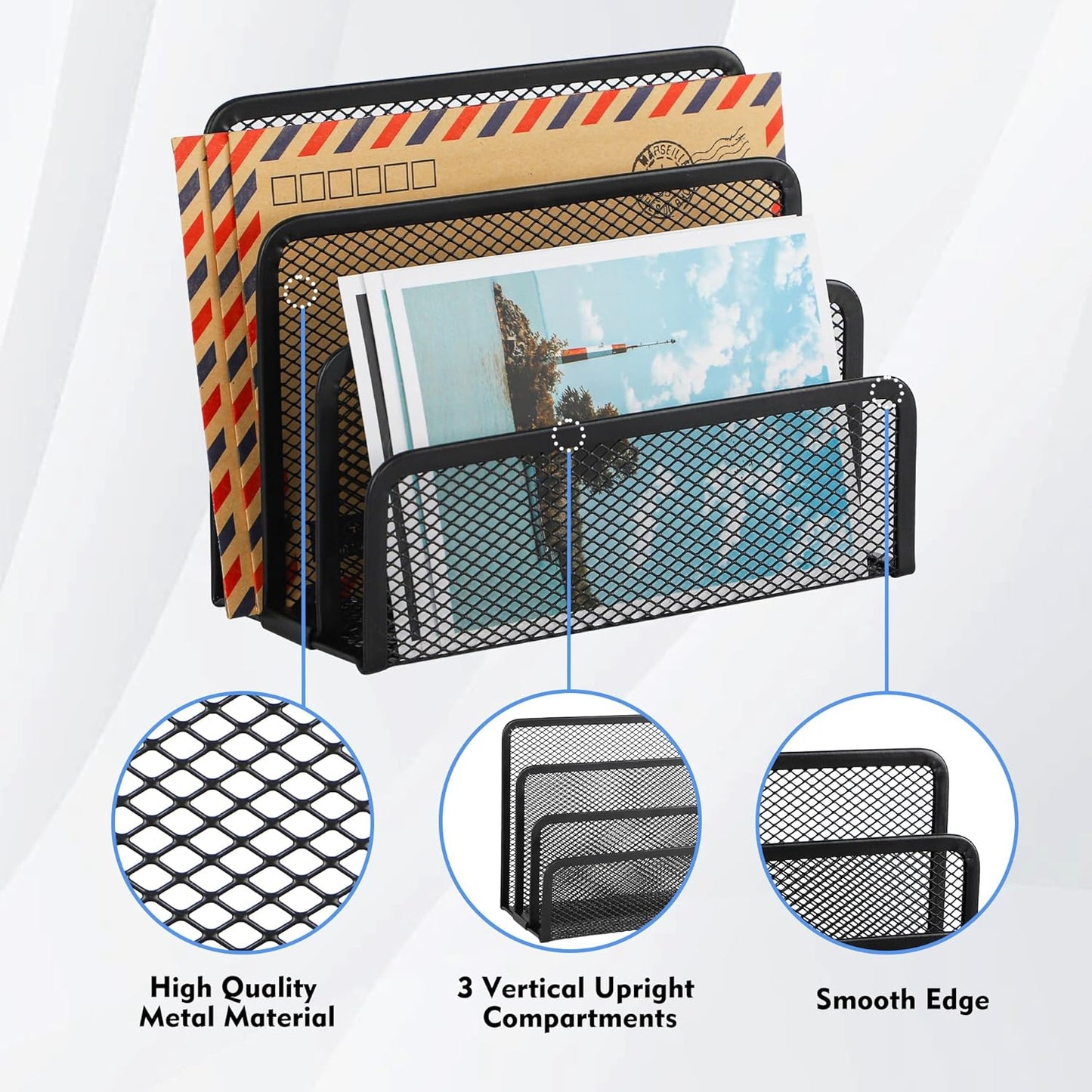EASEPRES Desk Mail Organizer, Office Small Desktop Metal Mesh Envelope Letter Sorter Paper File Holder Organizer with 3 Vertical Upright Compartments, Black 1 Pack