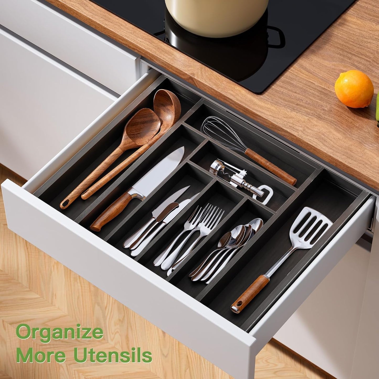 Pipishell Bamboo Expandable Silverware Drawer Organizer, Adjustable Kitchen Utensil Tray for Forks, Spoons and Knives, Wood Storage Cutlery Holder for Bedroom and Living Room
