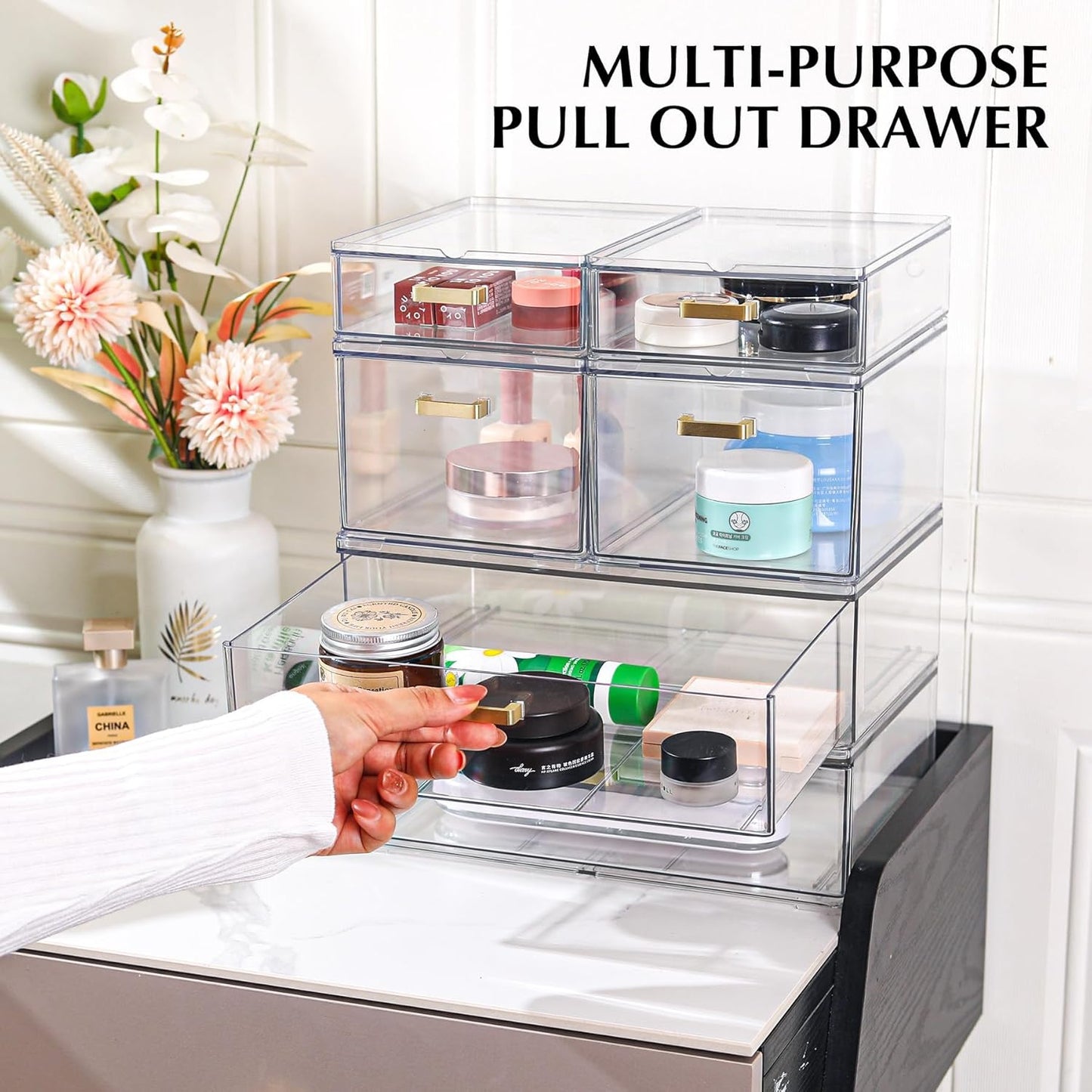 LALOBLUE Set of 5 Stackable Storage Drawers, Clear Acrylic Organizer Bins for Beauty Supplies, Perfect for Makeup Vanity, Undersink, Kitchen, Cabinet,Pantry Organization and Storage