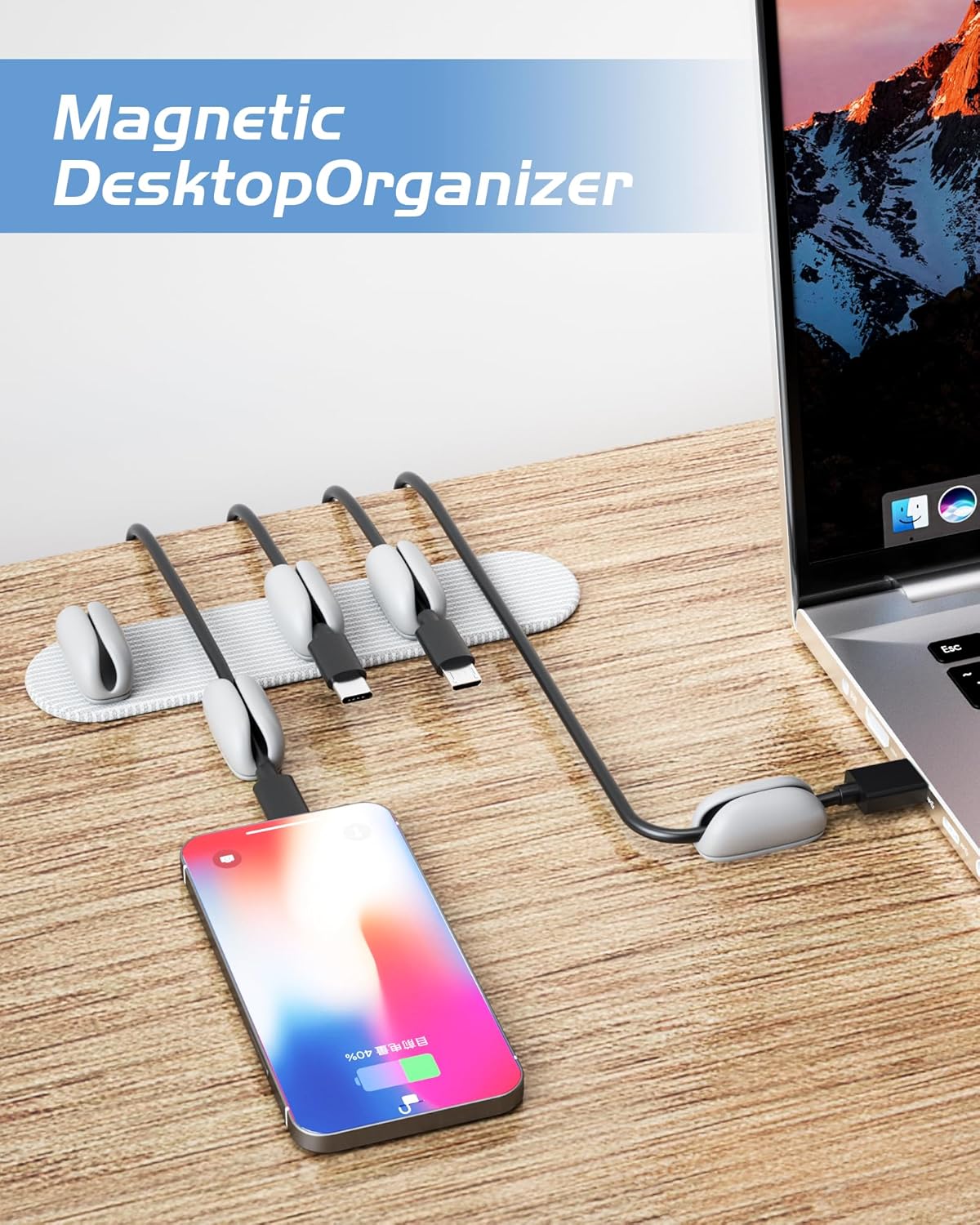5-Pack Magnetic Cable Clips Cord Organizer - Smoothly Adjustable, Puretor Desk Cable Management Clips. Ideal Wire Holders for Desktop, Nightstand, Wall - Perfect for Home Office, Phone, Car (Black)