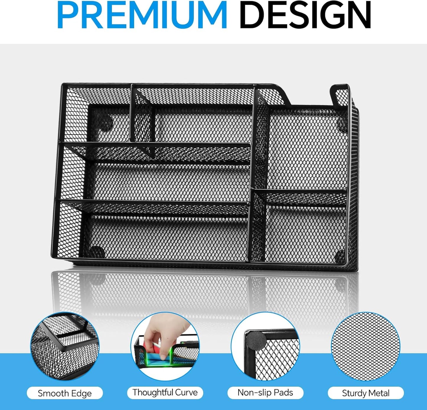 Desk Drawer Organizer, Office Drawer Divider Organizer Tray with 6 Compartments, Metal Mesh Desktop Organization and Accessories for Stationery Makeup Kitchen Toolroom School ＆Office, 12.6x8.27x1.6 in