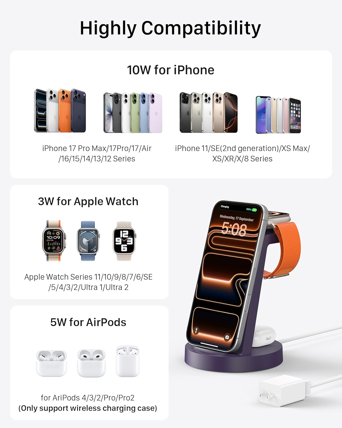 Anlmz 3 in 1 Charging Station for iPhone - Wireless Charger for Apple Products Multiple Devices - Charging Dock Stand for AirPods (for iPhone 17 16e 16 15 14 13 pro 12 11 X Max)