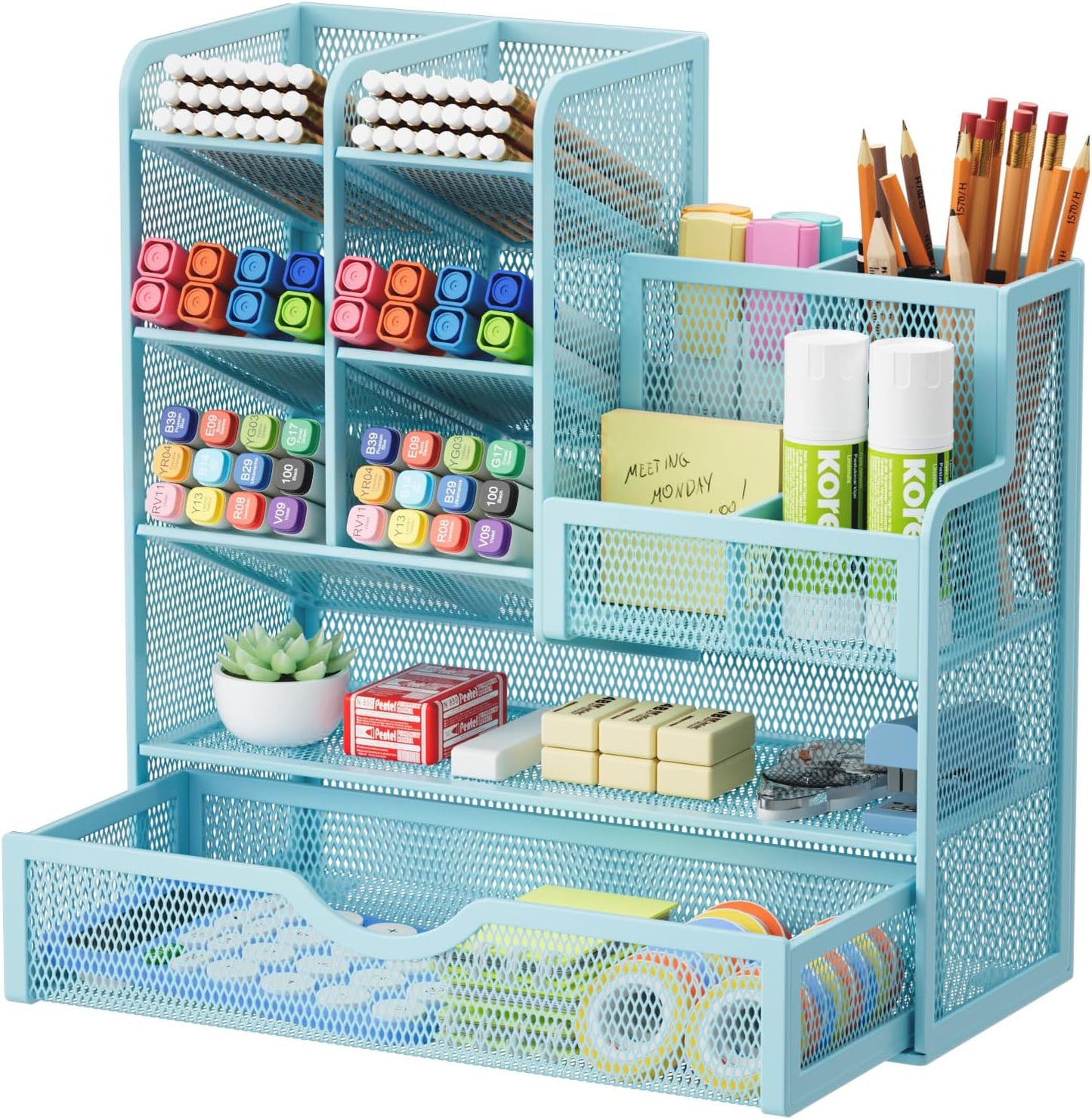 Marbrasse Mesh Pen Holder for Desk, Multi-Functional Pencil Organizer with Drawer, Desk Organizers and Accessories for Office Art Supplies (Black)