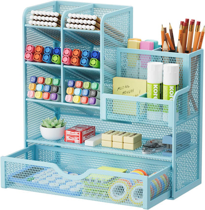 Marbrasse Mesh Pen Holder for Desk, Multi-Functional Pencil Organizer with Drawer, Desk Organizers and Accessories for Office Art Supplies (Black)