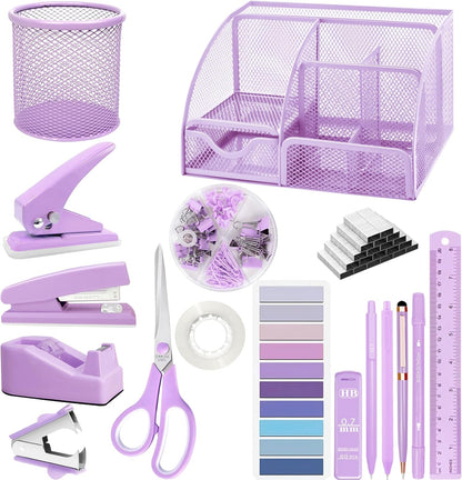 Purple Desk Accessories, 17Pcs Purple Office Supplies Set with Stapler, Mesh Desk Organizer, Tape Dispenser, Staple Remover, Pen Holder, Clips, Pens, Ruler, for Office Home School Women Students Gift