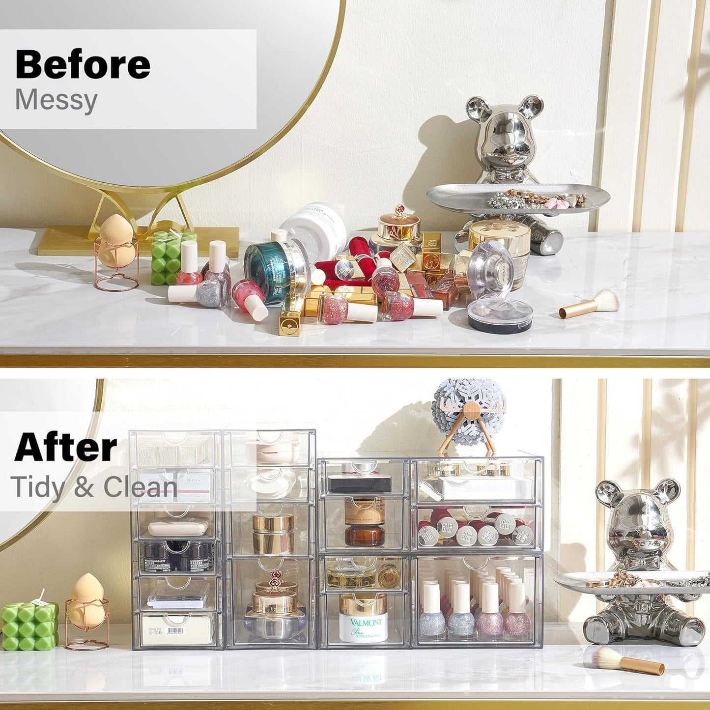 Prsildan Acrylic Makeup Organizer, 2 Pack Stackable Storage Drawers with 6 Drawers for Office Desk Vanity Craft Room Clear Drawer Organizers for Hair Accessories Art Supplies Cosmetics Modular System