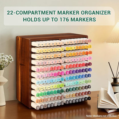 walowalo Markers Organizer Hold 176 Markers Birthday Gifts Bamboo Pen Holder Art Supply Pencil Alcohol Storage Organizer 22 Compartments All-in-One Marker Storage for Home Office Desk Classroom