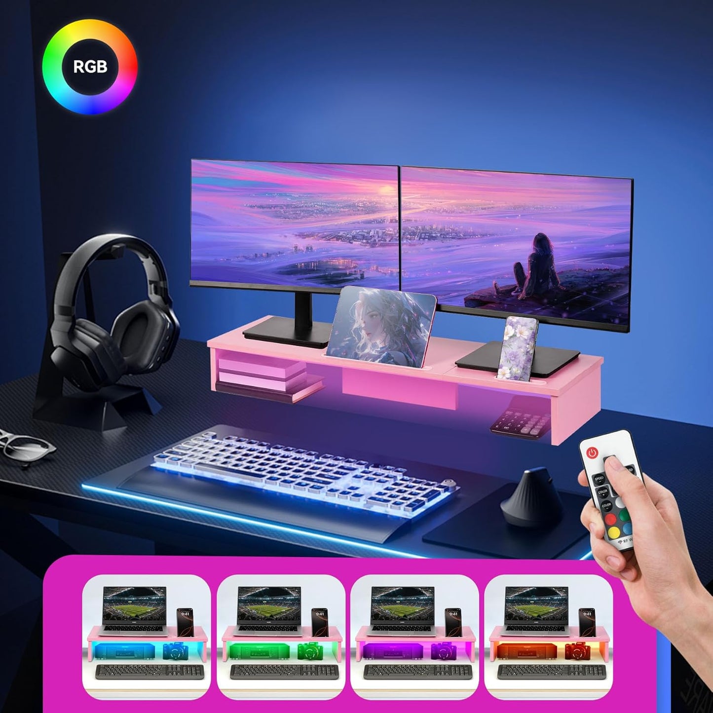 Qupui Computer Monitor Stand Riser with Drawer and Pen Holders, Desk Organizer Shelf and Accessories, Office Desk Accessories, Office Organization, Black