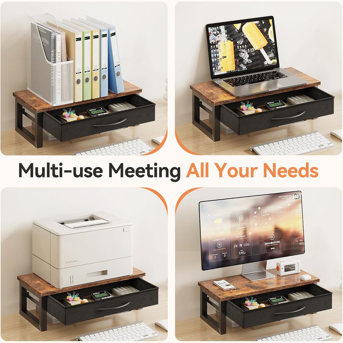 Desk Organizers and Accessories, Computer Monitor Stand Riser with Fabric Drawer, 2-Tier Laptop Stand for Desk, Office Organization Accessories, Pink