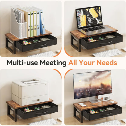 Desk Organizers and Accessories, Computer Monitor Stand Riser with Fabric Drawer, 2-Tier Laptop Stand for Desk, Office Organization Accessories, Pink