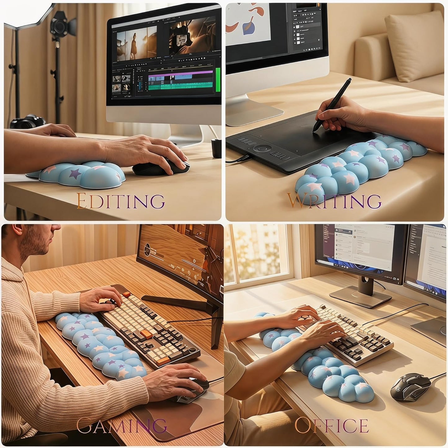 Cloud Wrist Rest Set for Keyboard and Mouse, Includes Cute Coaster, with Computers and Laptops（Purple Star Set）
