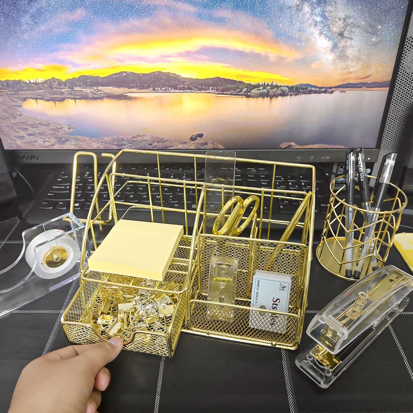 Gold Desk Organizers,Desk Accessories,Office Supplies Set,13PS Set with Acrylic Stapler,Tape Dispenser,Staple Remover,Pen Holder,Clips,Scissor, Phone Holder,Pen