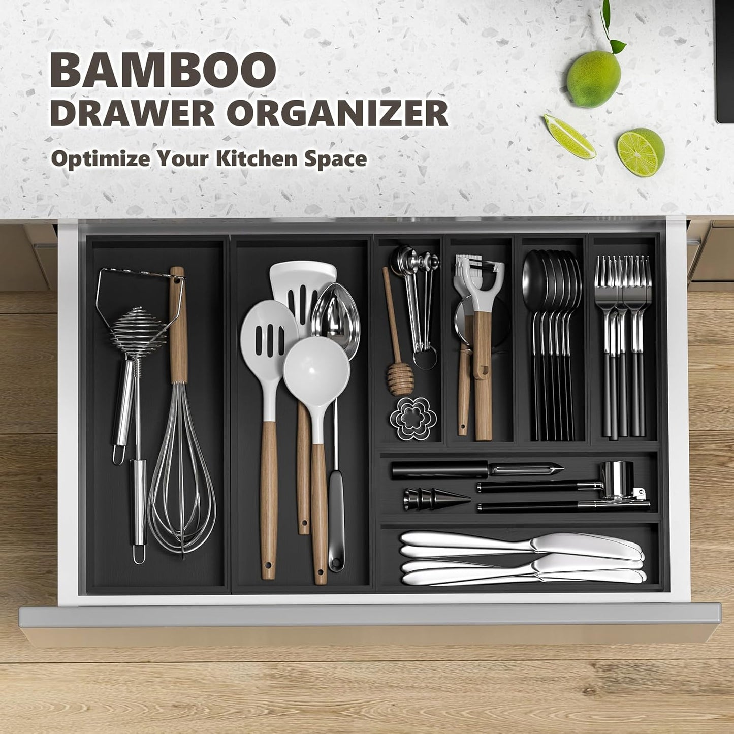 Kitchen Drawer Organizer Bins, Stackable Bamboo Drawer Organizer for Silverware, Flatware, Coffee Pod Organizer K Cup Holder for Countertop, 2 Pcs Coffee Station Organizer 12" x 6" x 2.5"