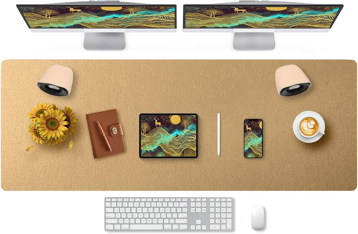 Bloss Leather Desk Pad and Keyboard Wrist Rest, Large Mouse Pad + Keyboard Pad+Mouse Wrist Support, Non-Slip Desk Mat Protector for Office, Home(31.5×15.7 Inches,Beige)
