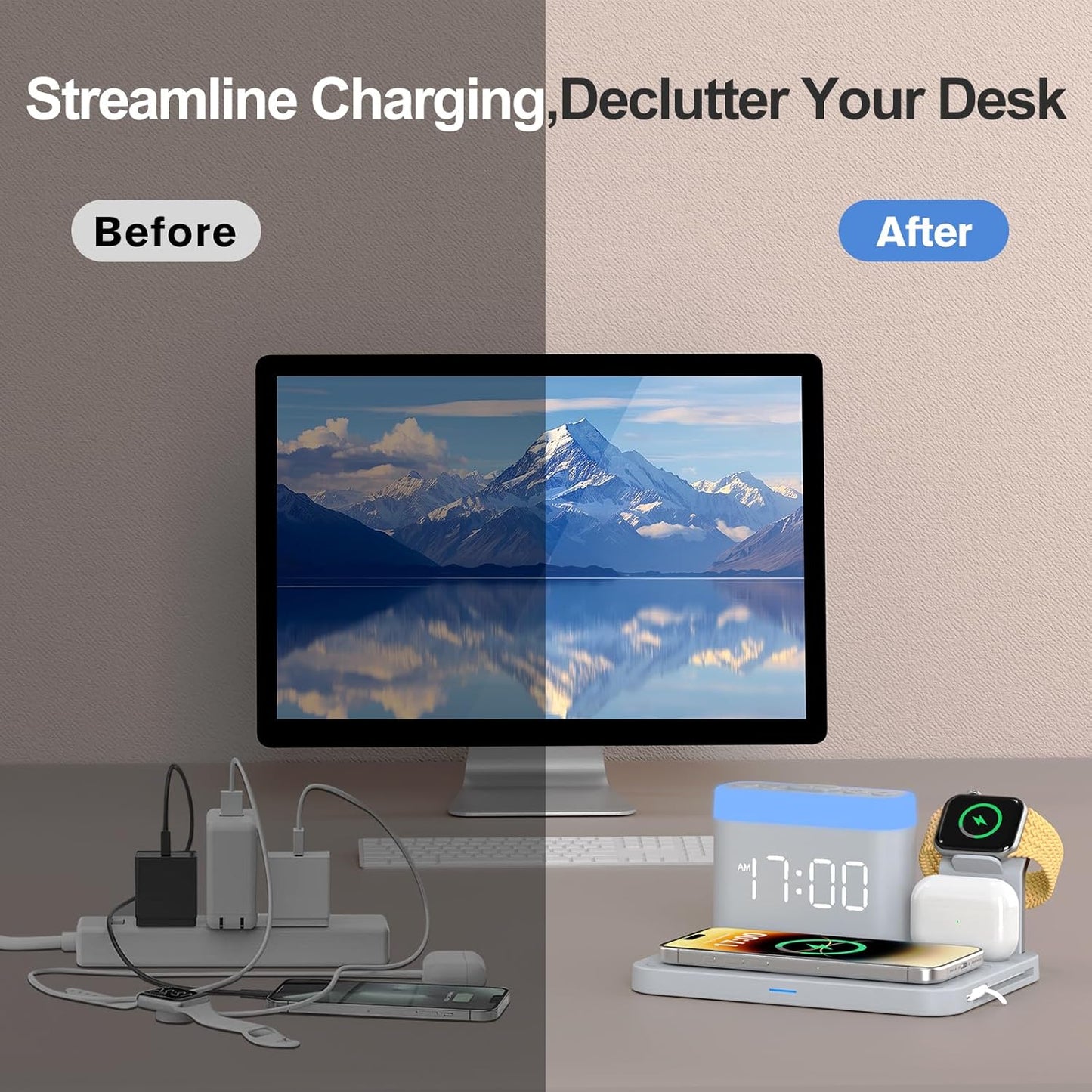 ANJANK Wireless Charging Station,5 in 1 Multiple Charger Stand with Alarm Clock,7 Night Light,Mag-Safe Charging Dock for iPhone 17 16 15 14 13 12 Pro Max Plus,Apple Watch 11/10/9/8,for Airpods,Bedroom