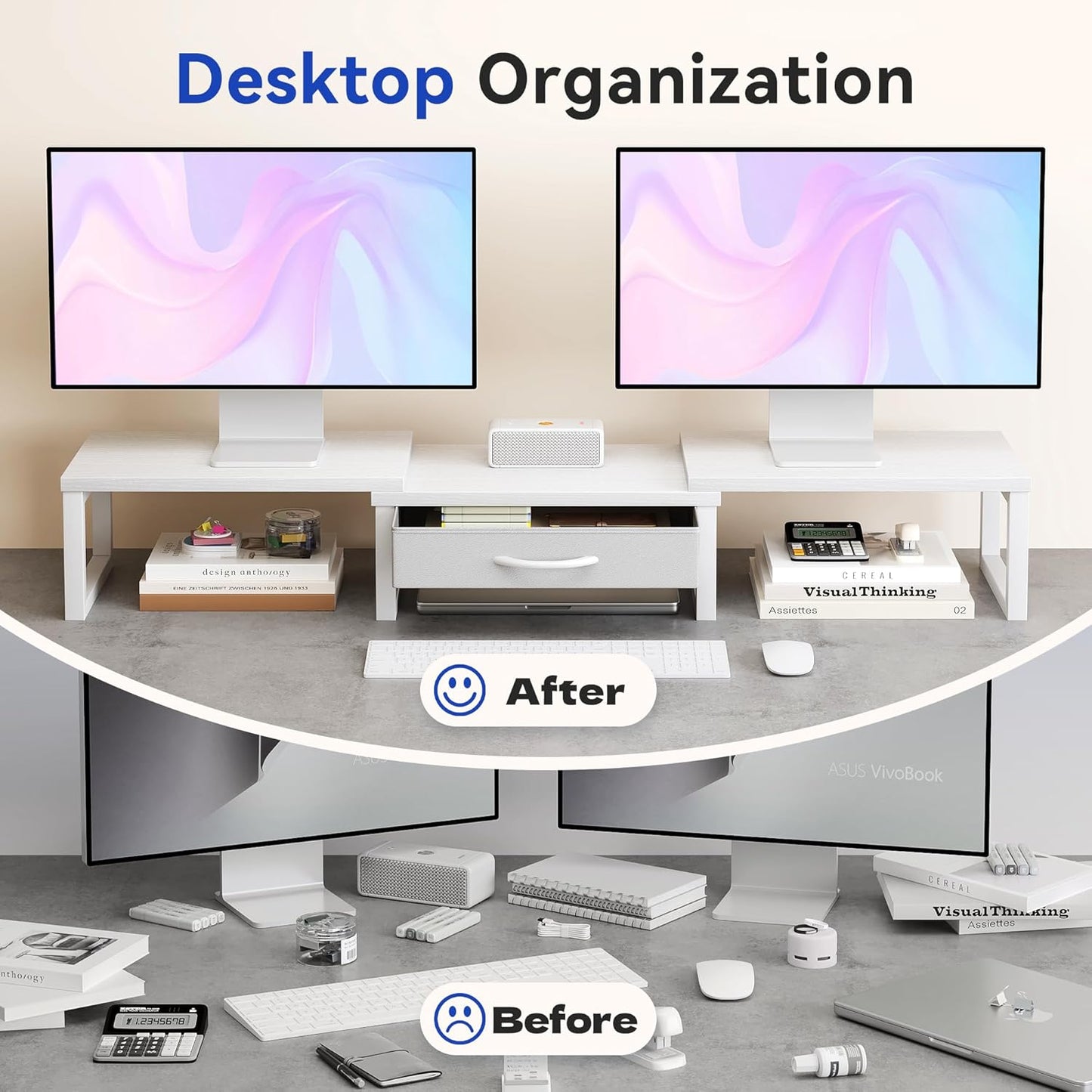 Dual Monitor Stand Riser, Desk Organizers and Accessories with Drawer, Computer Monitor Stands for Desk, Adjustable Desktop Shelf for PC Laptop Printer TV, Black