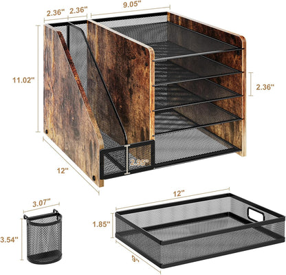 Marbrasse Desk Organizer with File Holder, 5-Tier Paper Letter Tray Organizer with Drawer and 2 Pen Holder, Mesh Desktop Organizer and Storage with Magazine Holder for Office Supplies(Black)