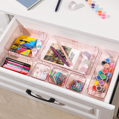 14 Pcs Adjustable Clear Drawer Organizer, Extendable Vanity Storage Bins, Desk Drawer Organizer Set for Makeup, Cosmetics, Bedroom, and Gadgets, Purple