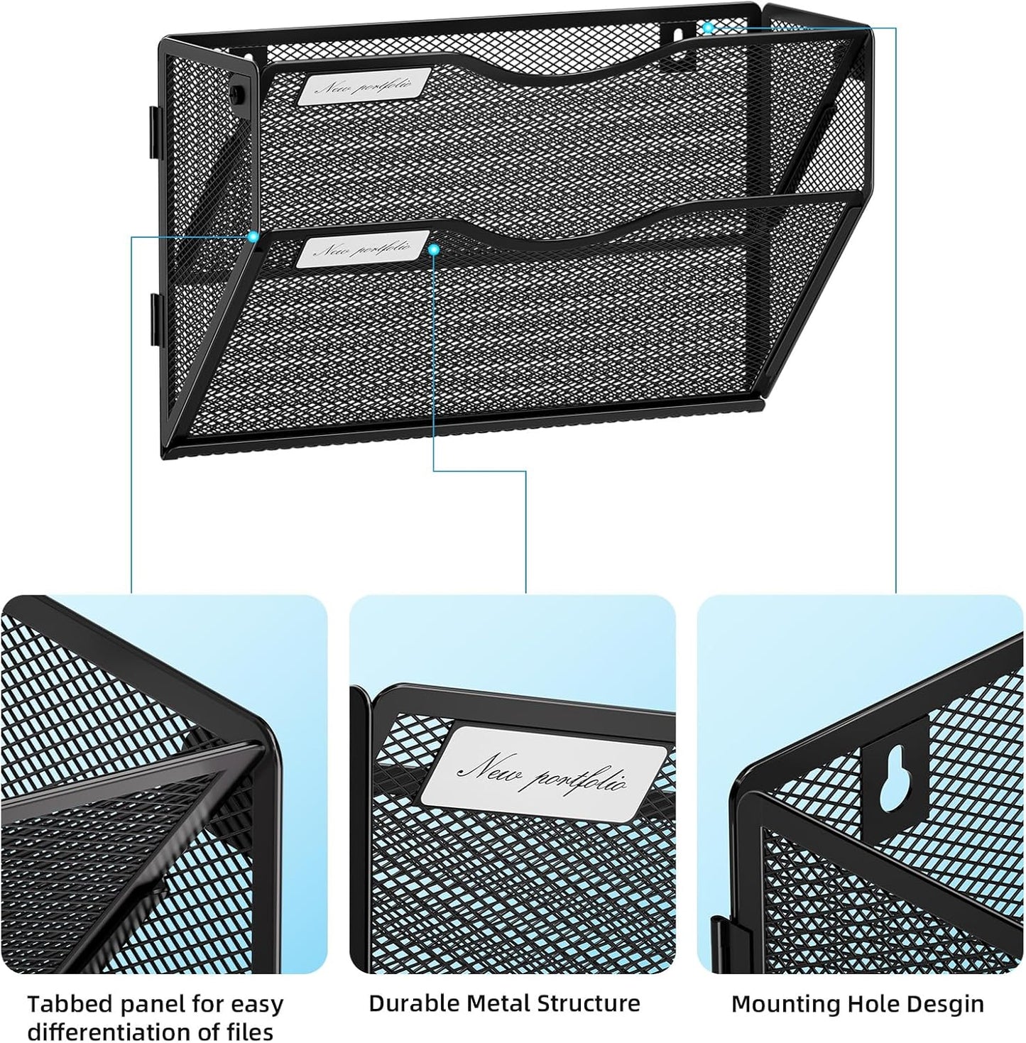 Marbrasse Wall File Holder 2-Tier Hanging Wall File Organizer, Mesh Mail Holder for Papers, Wall Mount File Clipboard & Magazine Organizer Great for Office Home (Black)