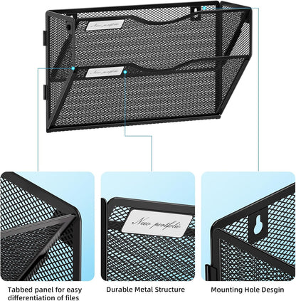Marbrasse Wall File Holder 2-Tier Hanging Wall File Organizer, Mesh Mail Holder for Papers, Wall Mount File Clipboard & Magazine Organizer Great for Office Home (Black)
