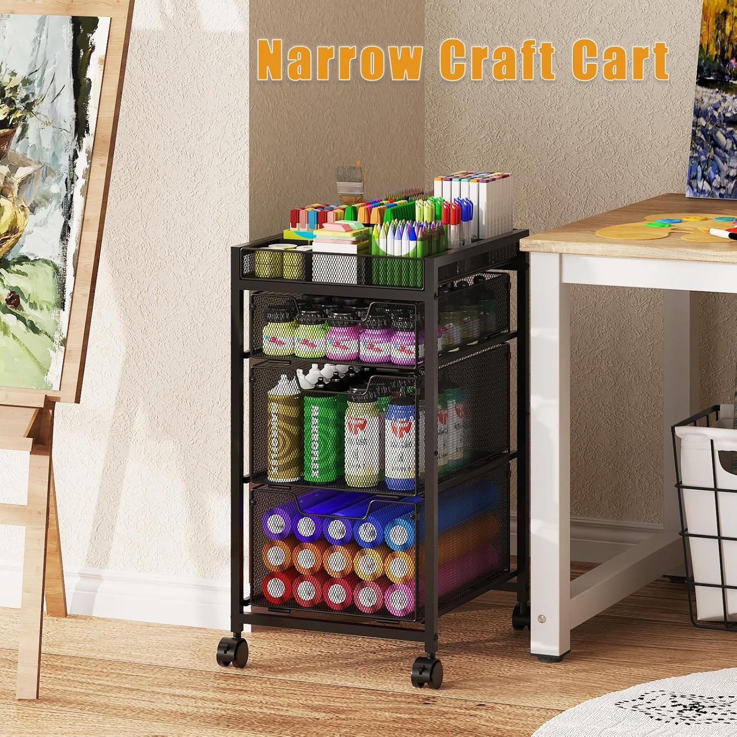 Rolling Utility Cart with 3 Drawers, Craft Organizer and Storage with DIY Divider, Lockable Wheels, Multi-Functional Storage for Art Supplies, Store for Brushes & Paints & Small Parts(Patent Pending)
