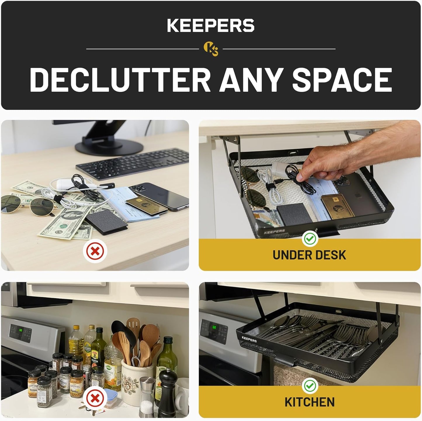 KEEPERS - Under Desk Drawer Slide Out – Metal Under Desk Storage Drawer for Office, Home, RV, Kitchen – Slim Under Table Attachment with Easy DIY Mount - Under Desk Organizer - Fits in 11x10x2In
